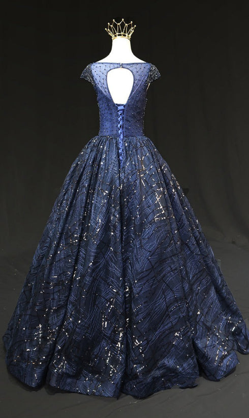 Gothic Royal Blue Tulle Ball Gown Wedding Dress - Cap Sleeve Dress - Royal Blue Prom Dress Plus Size